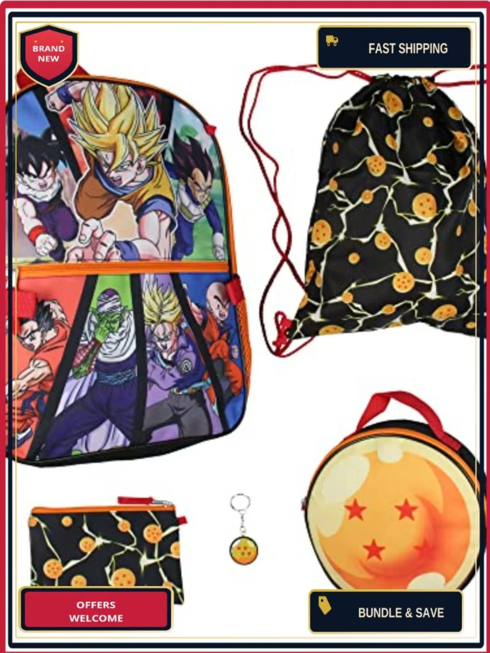 Dragon Ball Z Backpack Lunch Box Drawstring Bag Keychain Pencil Case 5 Pc Set